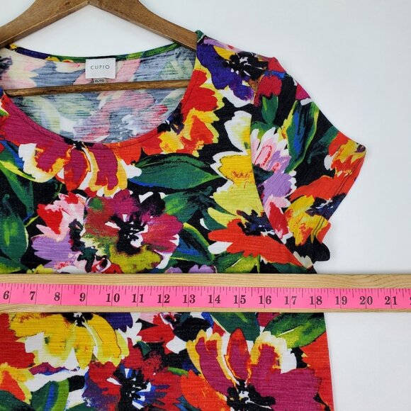 Cupio Multicolor Floral Print Short Sleeve Top XL Stretch Asymmetrical Hem - Picture 12 of 13